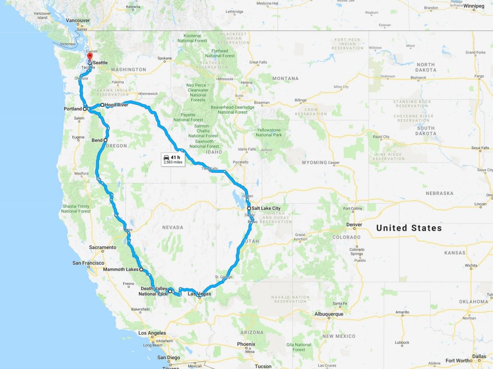 Map of a dog friendly road trip itinerary